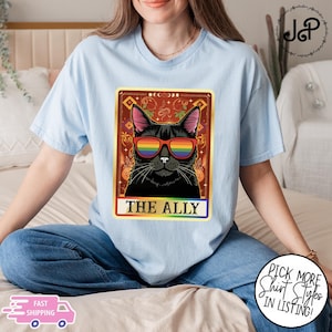 Die Verbündete schwarze Katze LGBTQ Tarot-Karten-T-Shirt, Retro Regenbogenfarben Katzen-Verbündeten-Hemd, Katzen-Stolz-Hemd, lustiges Stolz-Hemd, LGBTQ-Hemd, LGBT-Geschenke