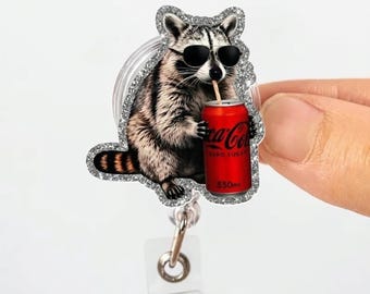 Raccoon Diet Coke Badge Reel, Retractable Caffeine ID Holder, Acrylic Clip, Soda Lovers