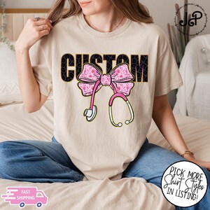 Preppy Custom Nurse Stethoscope Pink Bow TShirt, Bow Shirt for RN Nurse, Nurse Bow Ribbon Stethoscope, Personalized Shirt for RN, CNA