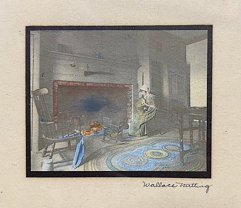 Signed Wallace Nutting Hand-Colored Interior Photograph Colonial Woman by the Fireplace image 2