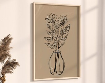 花のプリントが入った黒い花瓶、ミニマリストの壁アート、壁アートプリント、植物ポスターのダウンロード、白黒、デジタルダウンロード