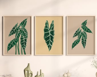 Alocasia Tropical plant 3 piece wall art, beige botanical print, living room wall art, bedroom prints, botanical wall art, digital download