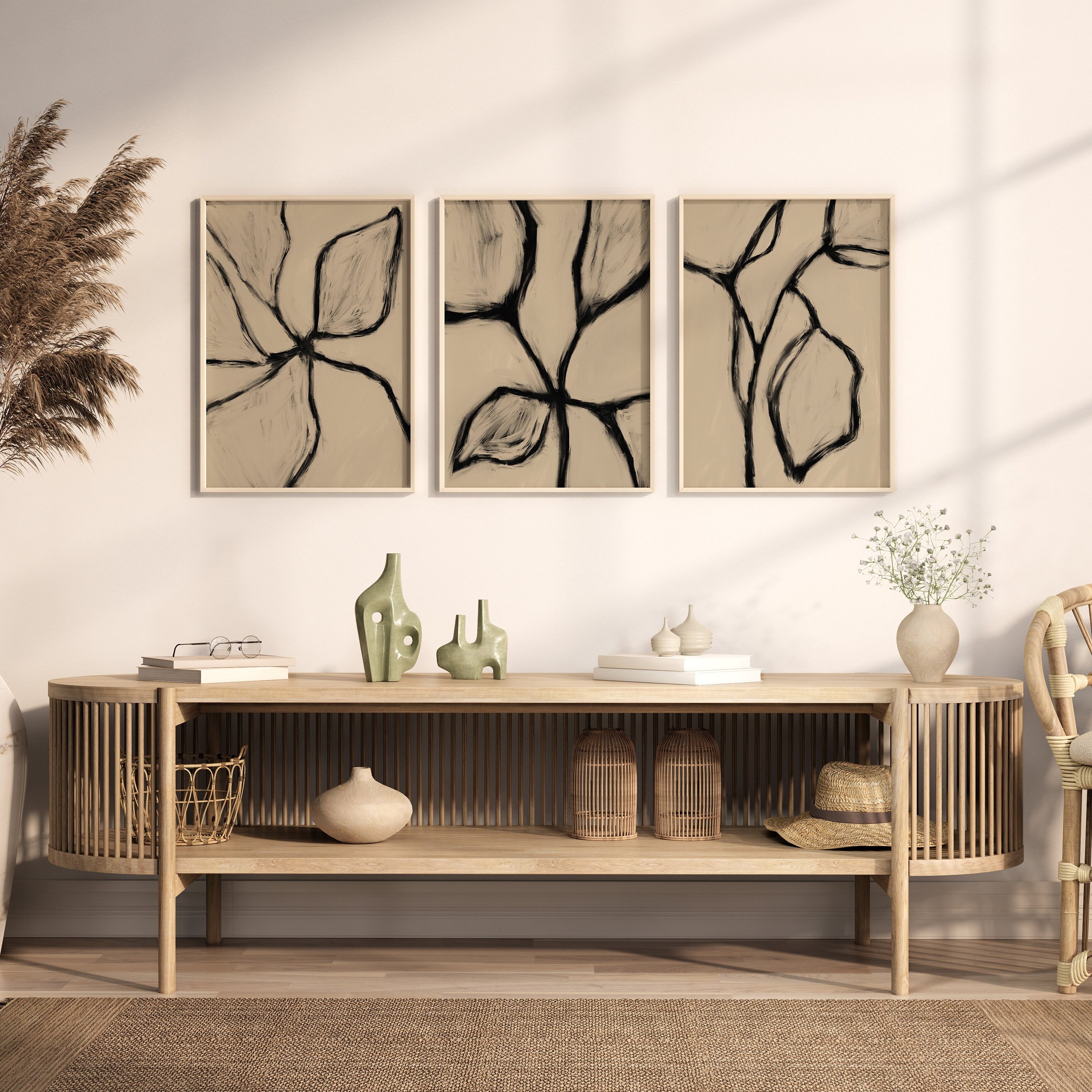 Abstract Botanical Line Wall Art Set of 3, Beige Botanical Print 3 ...