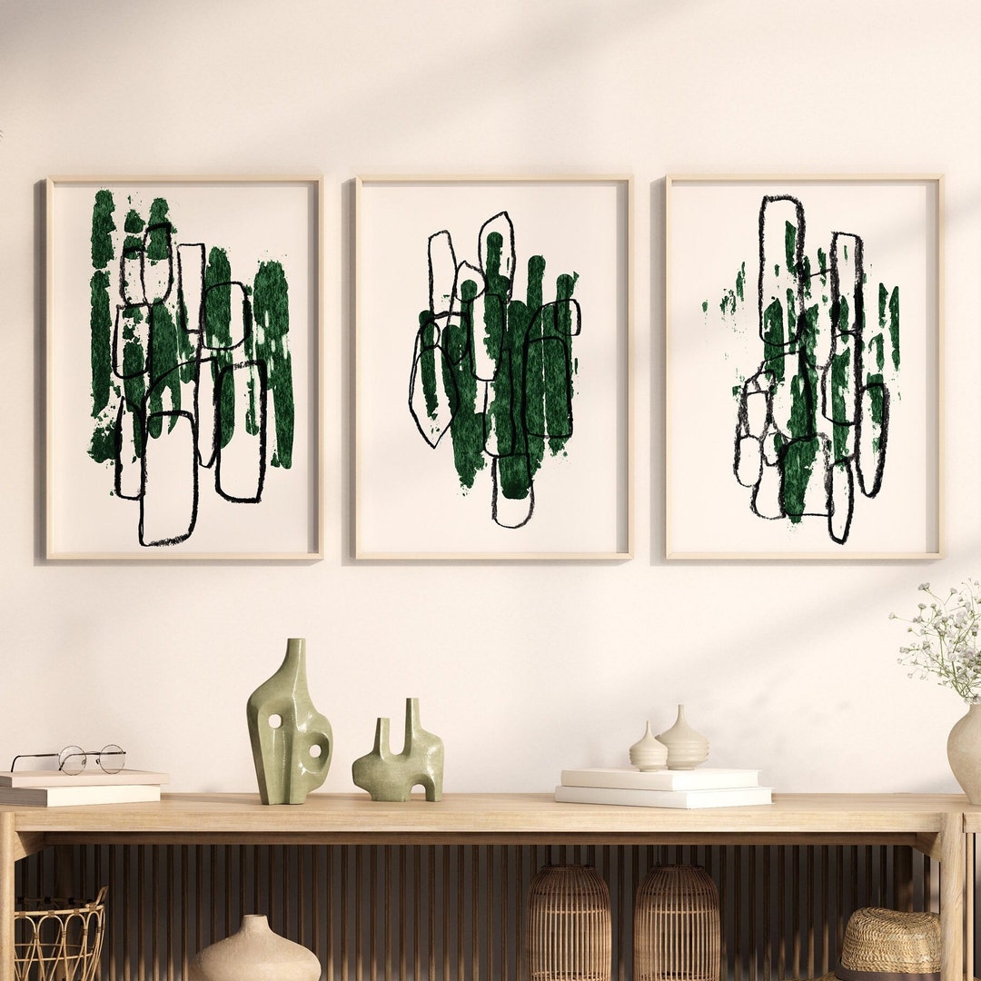 Minimalistic Green Black Wall Art 3 Piece Green Prints Green Etsy