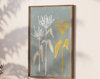 Yellow grey Flowers Wall Art Print, Abstract Flowers Wall art print, Minimalist Flowers Wall Art Print,  Flowers Wall Art Print