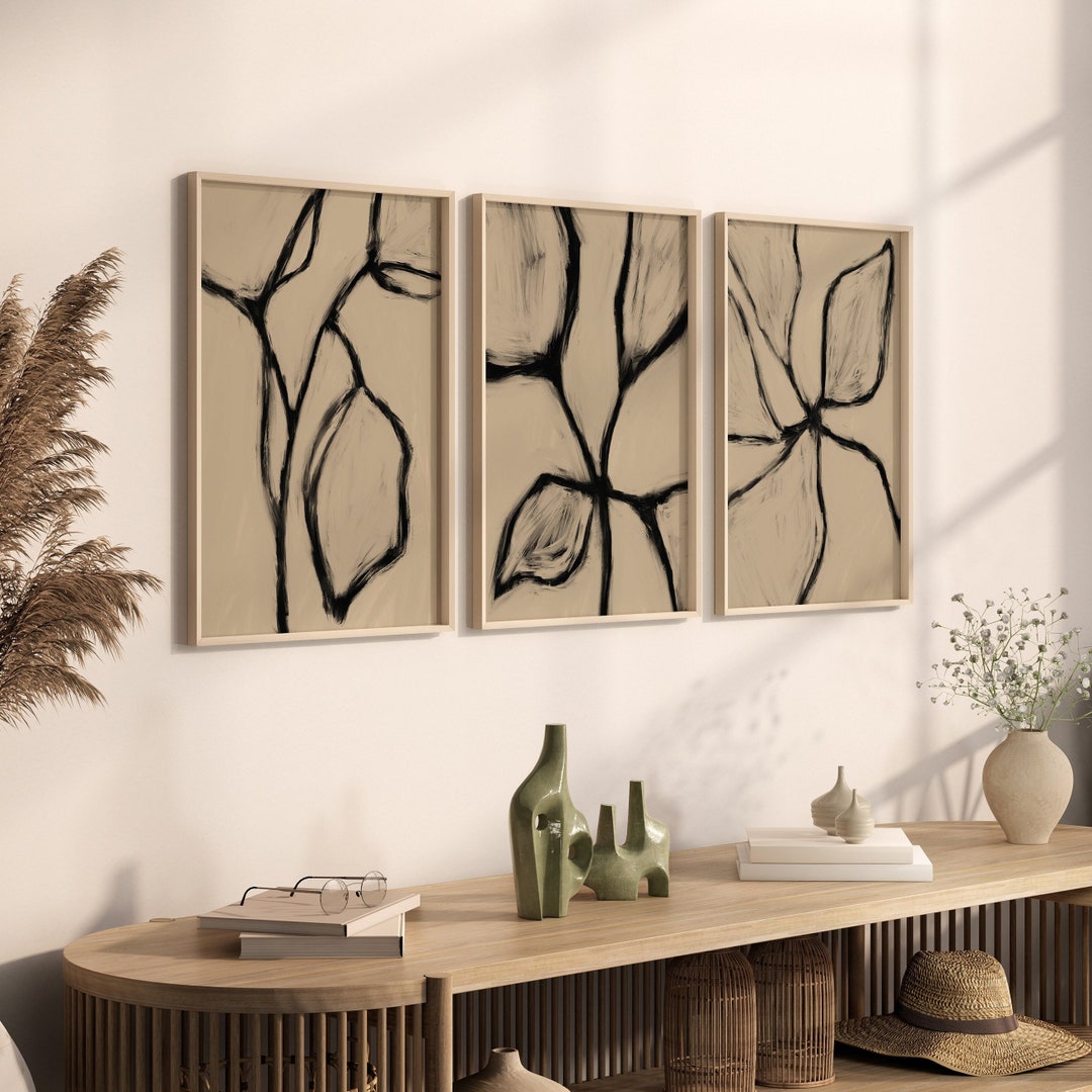 Abstract Botanical Line Wall Art Set of 3, Beige Botanical Print 3 ...