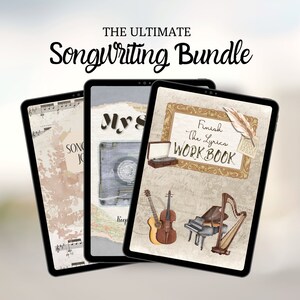 Könnte beinhalten: Drei digitale Tablets mit Covern, die verschiedene Songwriting-Arbeitsbücher zeigen. Das erste Tablet zeigt einen Aquarellhintergrund mit dem Text "Song Journal". Das zweite Tablet zeigt ein Kassettenband und den Text "My Song". Das dritte Tablet zeigt ein Klavier, eine Harfe, eine Gitarre und eine Geige mit dem Text "Finish The Lyrics Workbook".