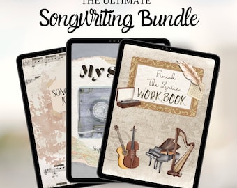 May include: Three digital tablets with covers displaying different song writing workbooks. The first tablet shows a watercolor background with the text "Song Journal". The second tablet shows a cassette tape and the text "My Song". The third tablet shows a piano, a harp, a guitar, and a violin with the text "Finish The Lyrics Workbook".