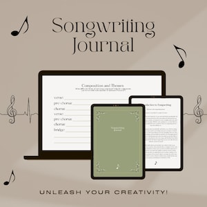 Peut inclure: Une illustration numérique d'un ordinateur portable et de deux tablettes avec le texte "Songwriting Journal" et "Composition et Thèmes" à l'écran. L'image comprend également des notes de musique et une clé de sol.
