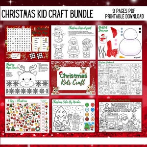 May include: A printable Christmas craft bundle for kids with 9 pages of activities, including a paper crown, finger puppets, color by number, I Spy, and coloring pages. The pages feature a red and white color scheme with illustrations of Santa, reindeer, snowmen, and Christmas trees.