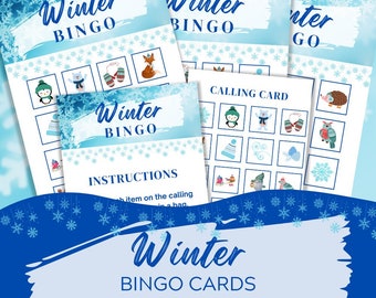 冬のビンゴ ゲーム、17 枚の冬のビンゴ カード、子供向けの冬のアクティビティ、冬の印刷可能なゲーム、子供向けの冬のゲーム、印刷可能なビンゴ、子供向けゲーム