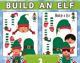May include: Two printable pages with instructions to "Build an Elf". Each page has elf body parts to cut out and assemble, including a head, hat, arms, legs, and a torso. The elf has green and red clothing with a striped pattern.
