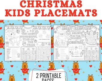 Può includere: Due tovagliette da tavola natalizie stampabili per bambini. Ogni tovaglietta presenta un'attività diversa: una ricerca di parole, un gioco di parole mescolate, un gioco di punti da unire e un labirinto. Le tovagliette sono in bianco e nero e raffigurano una renna, Babbo Natale e un angelo.