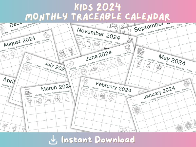Kids 2024 Traceable Calendar, Printable 2024 Calendar for Kids