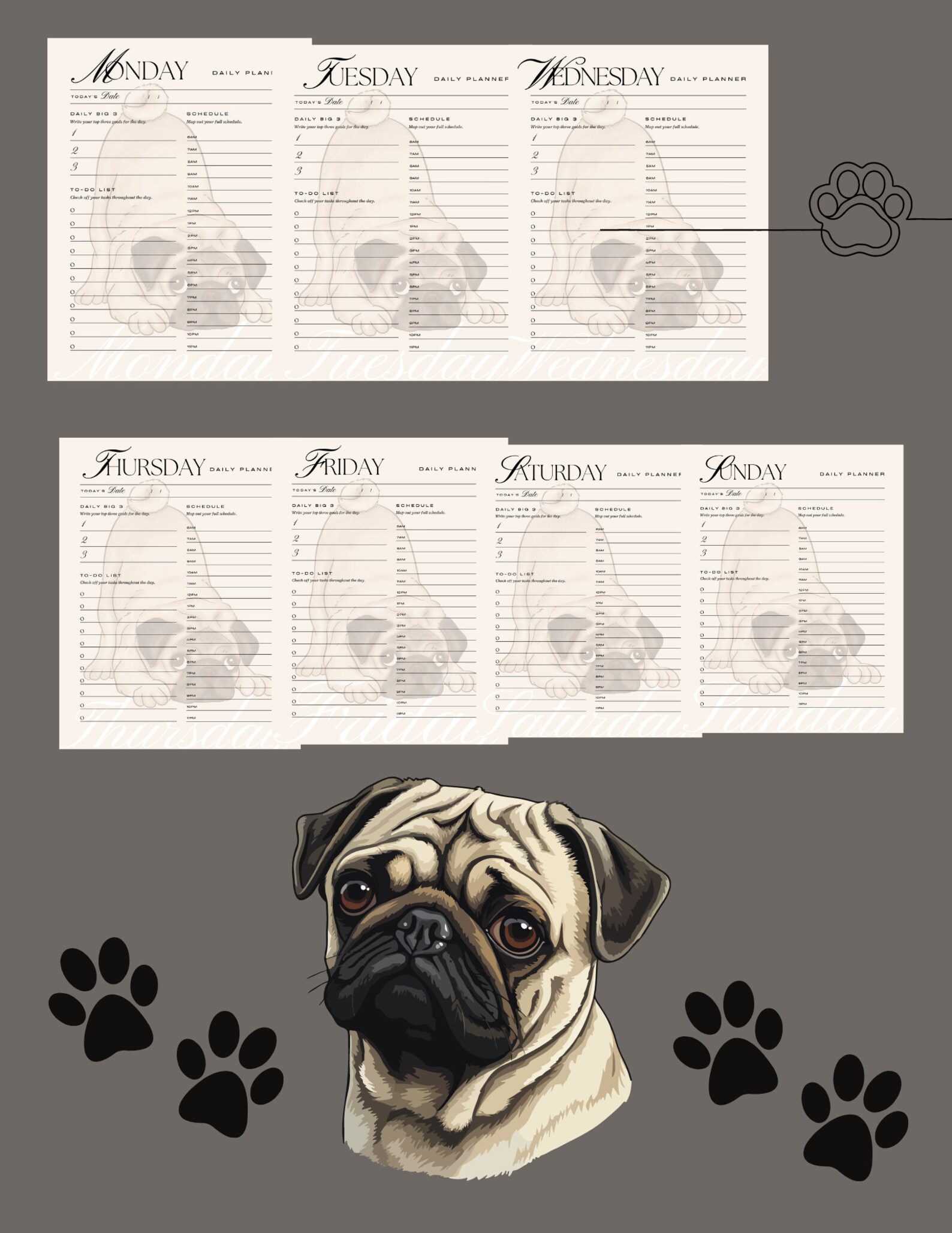 Digital Weekly Planner, Pug Design, Weekly to Do List, Printable Weekly ...