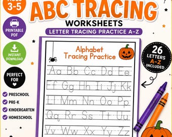 Halloween Alphabet Tracing Worksheets, Preschool ABC Practice (Digital Download)