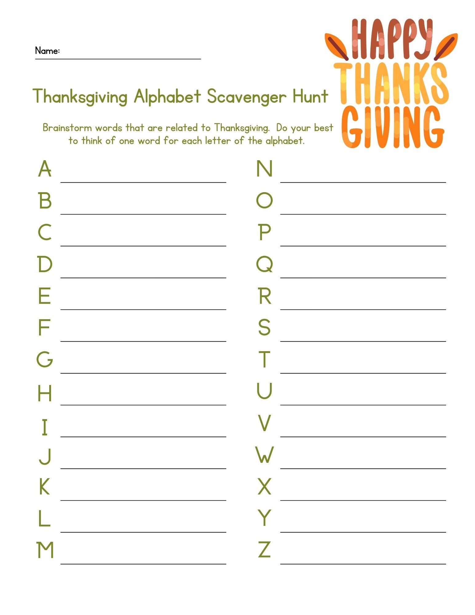 Thankful ABC Game, Thankful A-Z Game, Thanksgiving Gratitude Activity ...