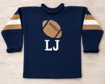 Personalized Football Sweater, Custom Hand Knit Kids Sweater, 100% Cotton Name Sweater, Striped Sleeve Toddler & Baby Gift