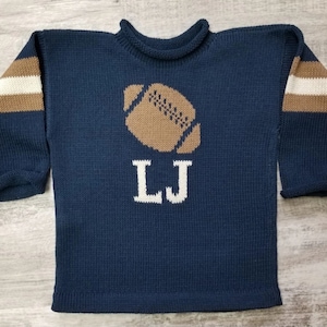 Football Sweater with 3 stripe sleeve.  Custom knit sweater with name. Please let me know all colors.