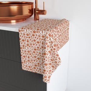 Fall Hand Towel | Orange, White Towel | Polyester/Cotton Towel Blend | Bathroom Towel | Autumn Kitchen Towel | Pumpkin Spice | Home Decor