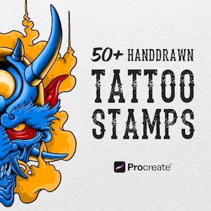 50+ handdrawn high-quality tattoo stamps/brushes for procreate, female faces, greek mythology, ancient egypt, and many more