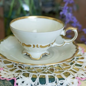 Vintage Edelstein Bavaria Tea Cup and Saucer: Hand-Painted Gold Trim Bone China
