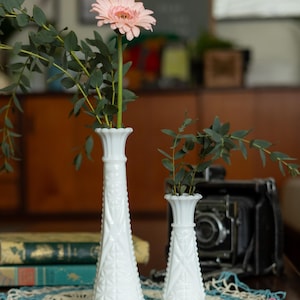 Vintage Anchor Hocking Milk Glass Vases: Stars and Bars Set of 2