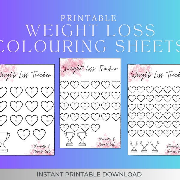 Heart Icon weight loss colouring page, Weight loss tracker, printable weight loss chart, weight loss reward colouring page,