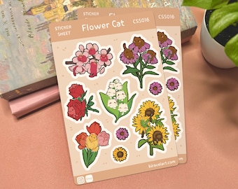 Flower Cat Sticker Sheet | 3.75' x 5.625' Cute Cat Decal Stickers Kawaii Vinyl Sticker Flower Stickers Floral Vinyl Stickers Animal Stickers