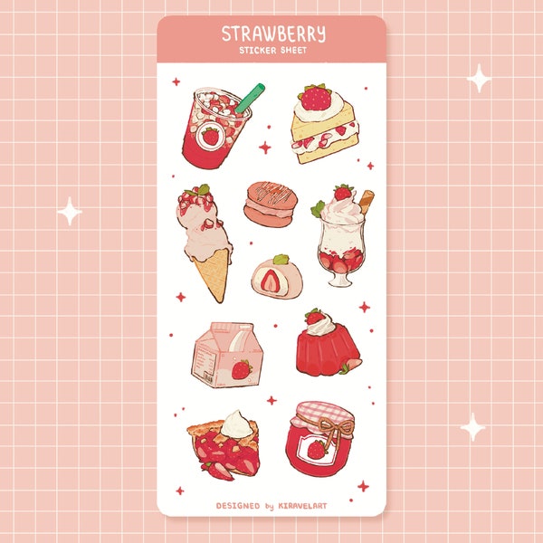 Cute Strawberry Sticker Sheet | Cute Pink Sticker Sheet Kawaii Stickers Food Sticker Vinyl Stickers Journal Cute Stationery Stickers