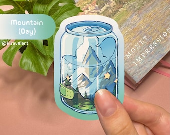 Bonita pegatina holográfica/pegatina estética de montaña nublada, pegatinas kawaii, pegatina holográfica de cielo, pegatina de naturaleza de refresco, pegatina de verano vintage