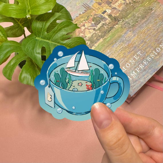 Cute Aesthetic Sticker | Ocean Aesthetic Sticker Kawaii Stickers Blue Sticker Holographic Sticker Water Phone Sticker Tea Sticker