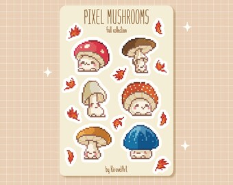 Cute Mushroom Sticker Sheet | Pixel Art Stickers Sheet Fall Stickers Halloween Sticker Pixel Cute Stickers Kawaii Sticker Pack