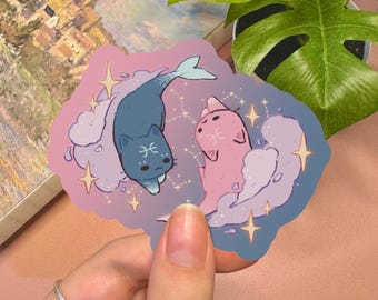 Pisces Zodiac Cat Vinyl Sticker | 3 Inches Waterproof Cute and Kawaii Kitty Decal Cosmic Pink and Blue Fish Celestial Sticker