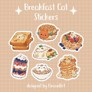 Breakfast Cat Sticker Set | Cute Cat Sticker Waterproof Durable Stickers Kawaii Sticker Vinyl Sticker Food Sticker Set Cute Food Stickers