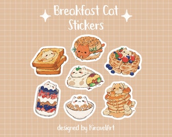 Breakfast Cat Sticker Set | Cute Cat Sticker Waterproof Durable Stickers Kawaii Sticker Vinyl Sticker Food Sticker Set Cute Food Stickers