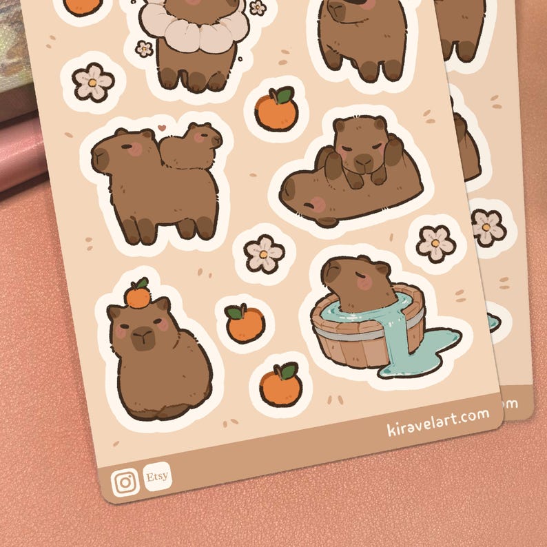 Cute Capybara Sticker Sheet | 3.75' x 5.625' Cute Animal Sticker Waterproof Durable Stickers Kawaii Vinyl Sticker Funny Decal Stickers image 3
