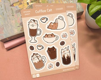 Coffee Cup Cat Sticker Sheet | 3.75' x 5.625' Cute Cat Sticker Waterproof Durable Stickers Kawaii Vinyl Sticker Funny Decals Latte Stickers