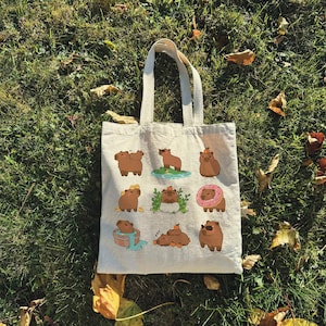 Cute Capybara Tote Bag | Kawaii Animal Lover Tote Natural Cotton Tote Eco-Friendly Bag Reusable Shopping Bag Capybara Lover Gift Cute Bag