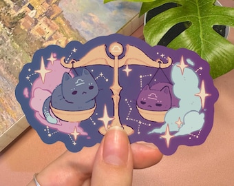 Libra Zodiac Cat Vinyl Sticker | 3 Inches Waterproof Cute and Kawaii Kitty Decal Cosmic Pink Blue and Purple Sticker