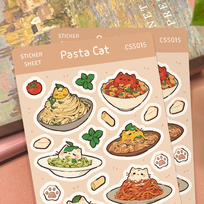 Pasta Cat Sticker Sheet | 3.75' X 5.625' Cute Cat Sticker Waterproof ...