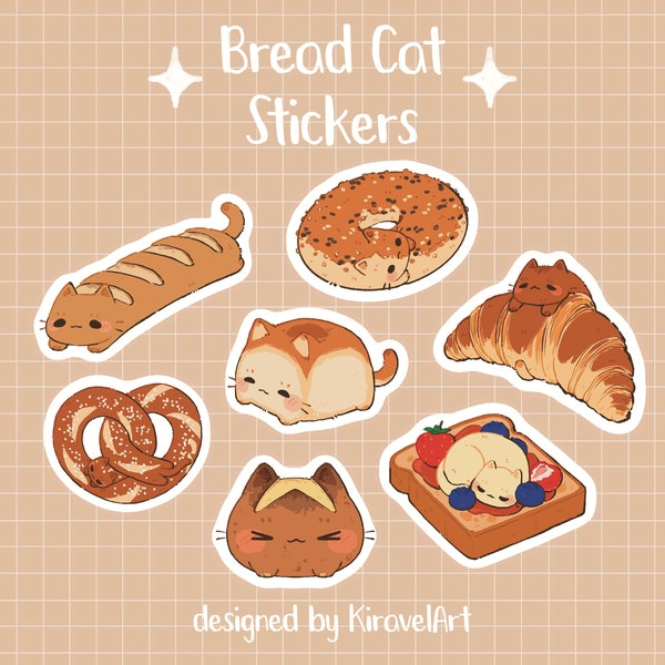 Bread Cat Sticker Set | Cute Cat Sticker Waterproof Durable Stickers Kawaii Sticker Bagel Stickers Cute Animal Sticker Pack