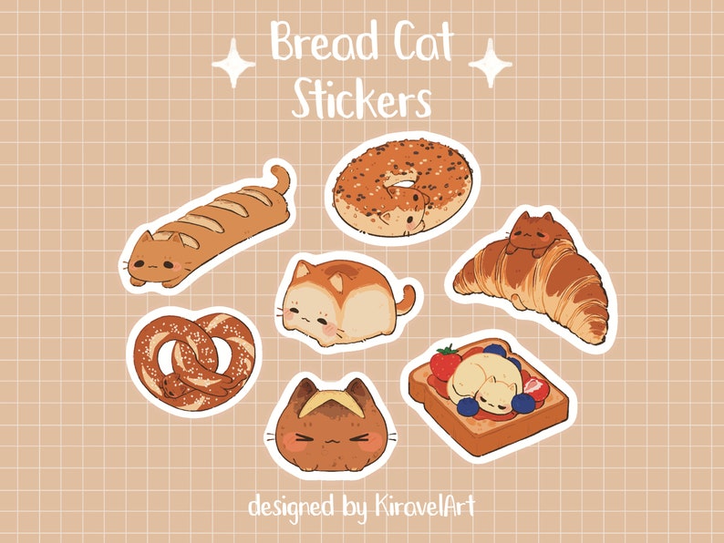 Bread Cat Sticker Set Cute Cat Sticker Waterproof Durable Stickers Kawaii Sticker Bagel Stickers Cute Animal Sticker Pack zdjęcie 1