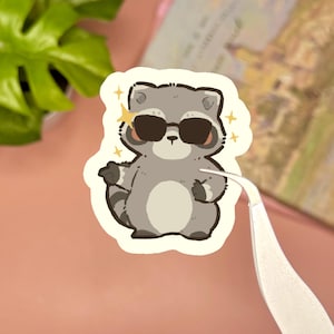 May include: A die-cut sticker featuring a cartoon raccoon with gray fur, a white belly, and a striped tail. The raccoon is wearing black sunglasses and is surrounded by small yellow star icons. The sticker has a white border and a smooth finish.