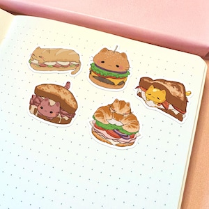 Ensemble d'autocollants chat sandwich | Autocollant chat mignon, autocollants durables imperméables, autocollant kawaii, autocollant en vinyle, ensemble d'autocollants drôles, autocollants hamburger mignons