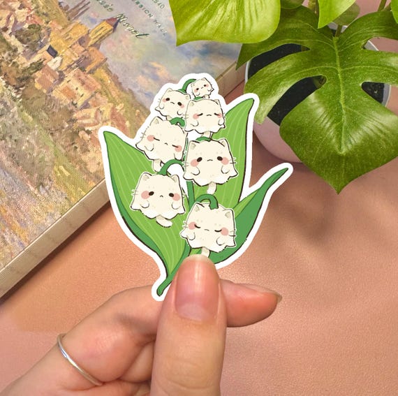 Cute Cat Sticker | Cat Flower Sticker Kawaii Sticker Cute Sticker Vinyl Waterproof Sticker Lily Of The Valley Sticker Floral Sticker