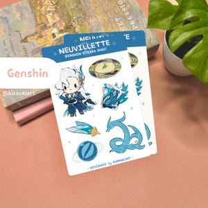 Feuille d'autocollants Genshin | Mignonne feuille d'autocollants Neuvillette Kawaii Anime autocollant Genshin autocollant vinyle autocollants étanches jeu vidéo