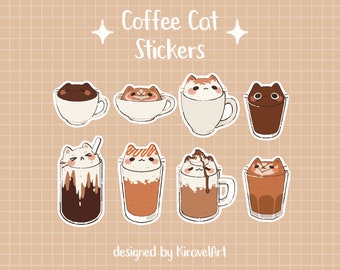 Coffee Cup Cat Sticker Set | Cute Cat Sticker Waterproof Durable Stickers Kawaii Sticker Vinyl Sticker Funny Sticker Set Latte Stickers Cute