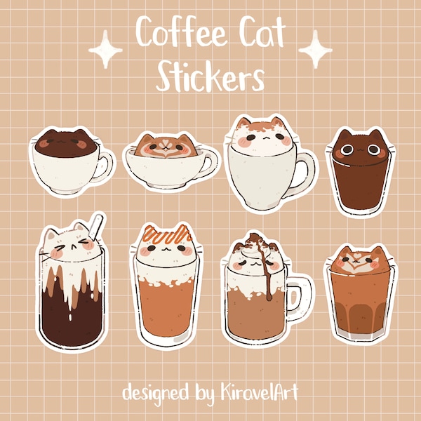 Coffee Cup Cat Sticker Set | Cute Cat Sticker Waterproof Durable Stickers Kawaii Sticker Vinyl Sticker Funny Sticker Set Latte Stickers Cute