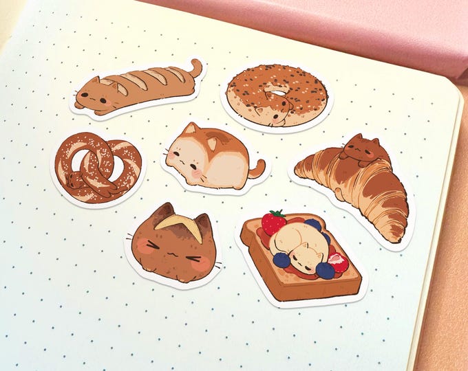 Ensemble d'autocollants chat pain | Sticker chat mignon Stickers imperméables durables Sticker kawaii Stickers bagel Pack d'autocollants animaux mignons